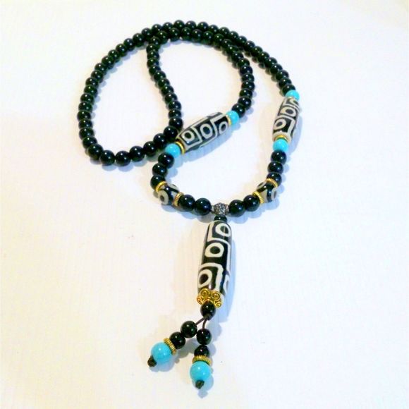 Black Onyx Howlite and Ceramic Bead Y Drop Long Beaded Necklace * - Picture 4 of 4